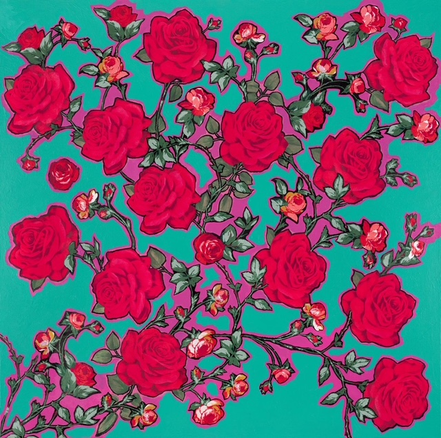 Red Roses on Teal